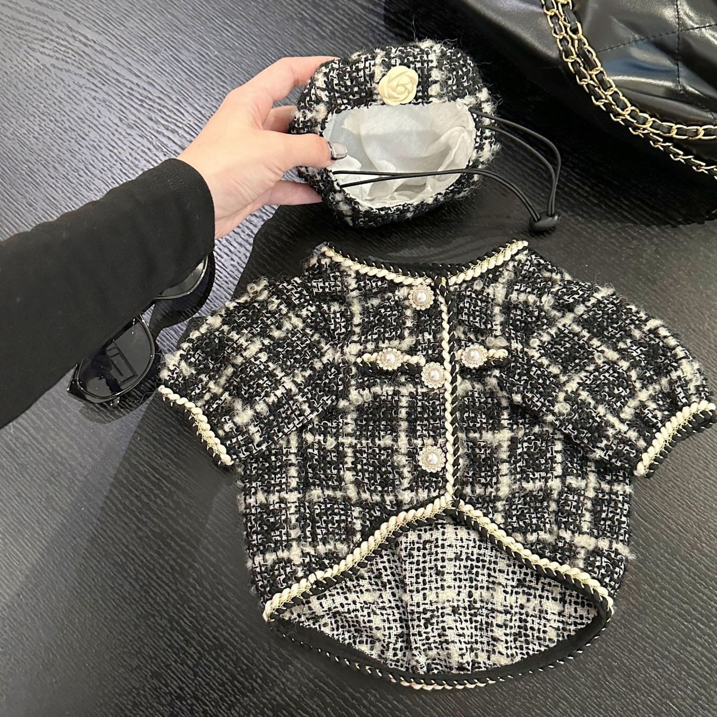 Dog  Plaid Tweed Fabric coat with beret for small medium dogs