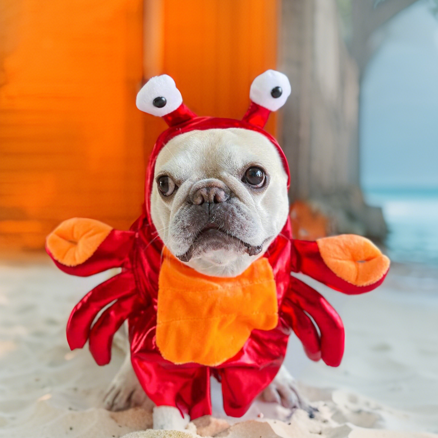 Dog wearing a red lobster costume on a sandy surface with blurred background