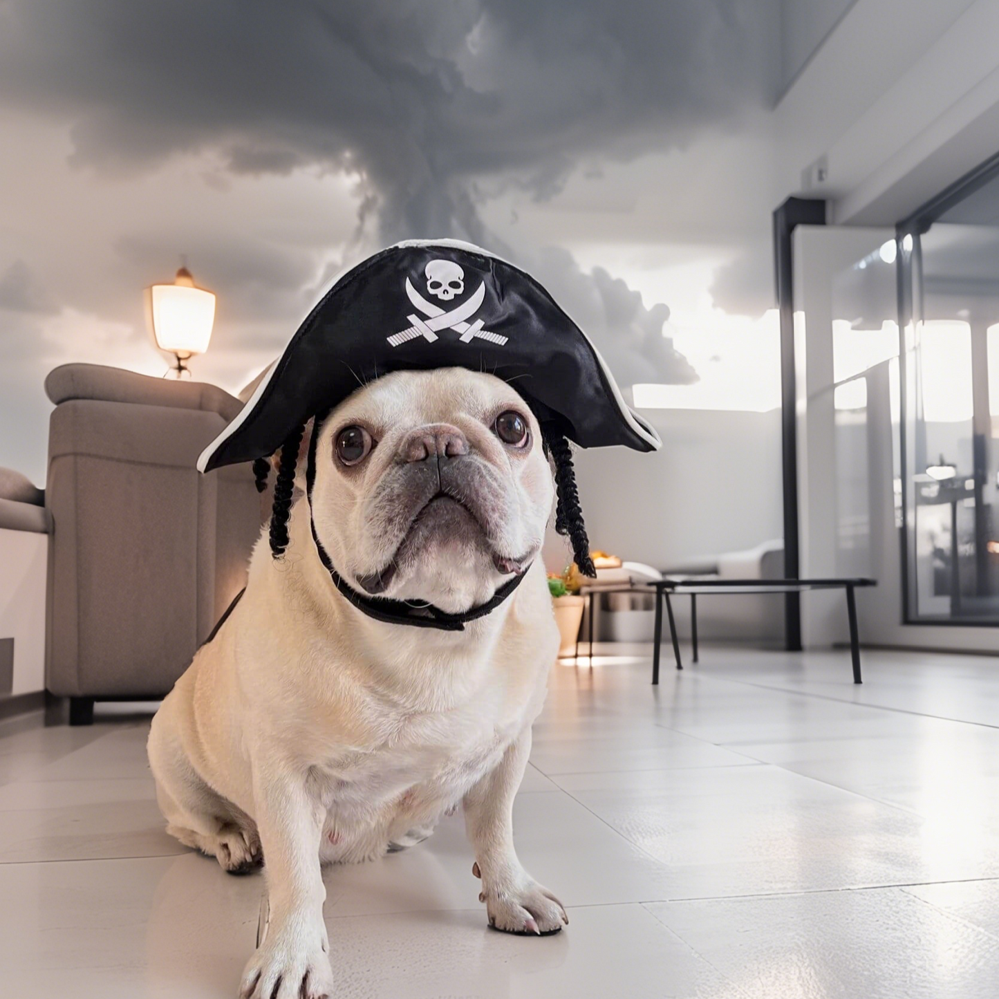 Dog wearing a pirate hat in a modern living room