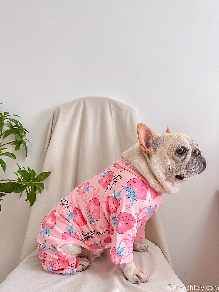 dog pink strawberry onesie pajamas for medium dog breeds by Frenchiely