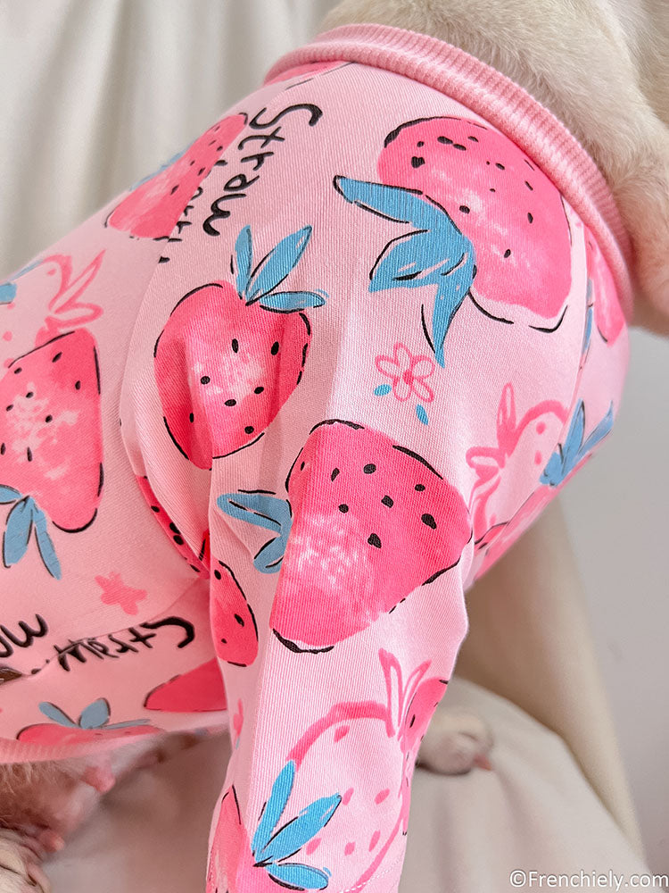 dog pink strawberry onesie pajamas for medium dog breeds by Frenchiely