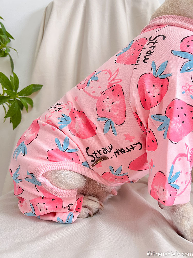 dog pink strawberry onesie pajamas for medium dog breeds by Frenchiely