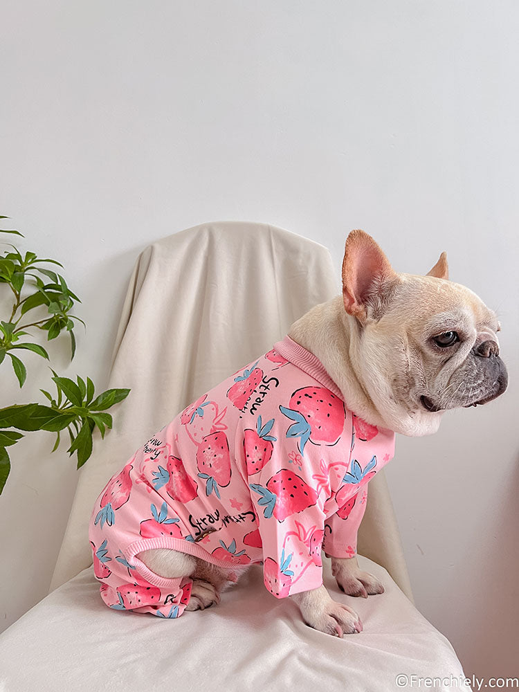 dog pink strawberry onesie pajamas for medium dog breeds by Frenchiely