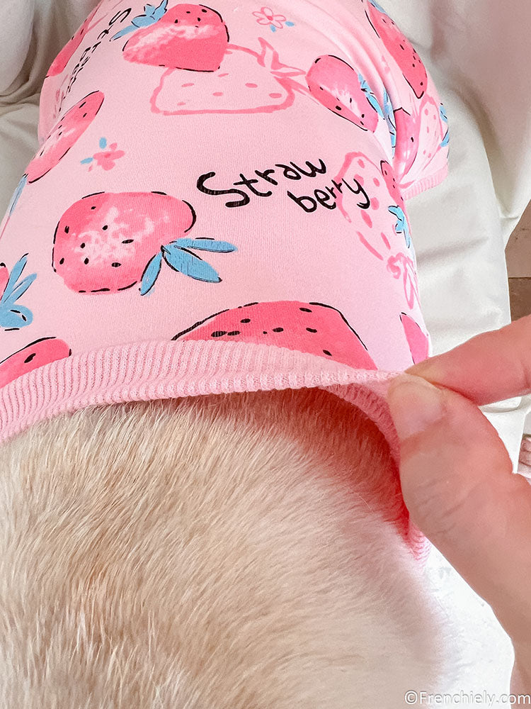 dog pink strawberry onesie pajamas for medium dog breeds by Frenchiely