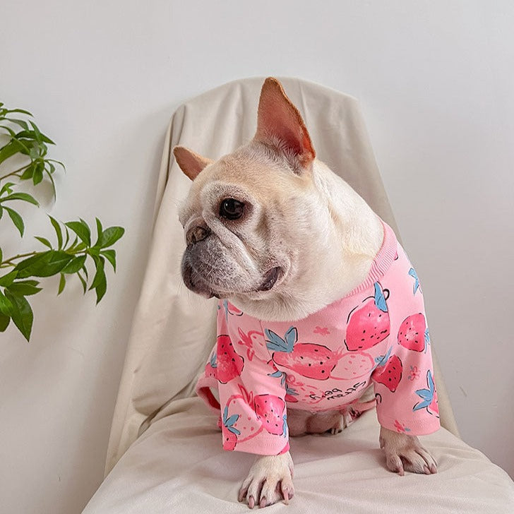 dog pink strawberry onesie pajamas for medium dog breeds by Frenchiely