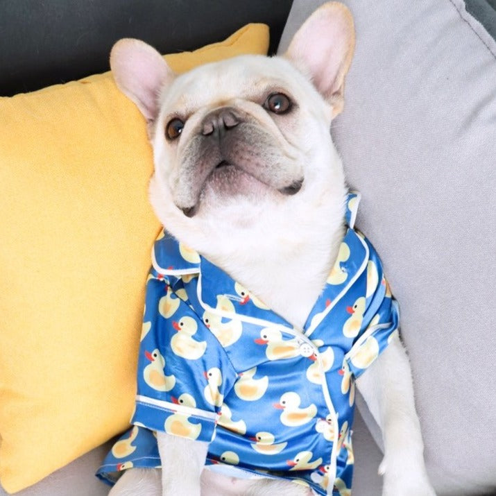 Dog Cartoon Duck Blue Silk Pajamas PJs - Frenchiely