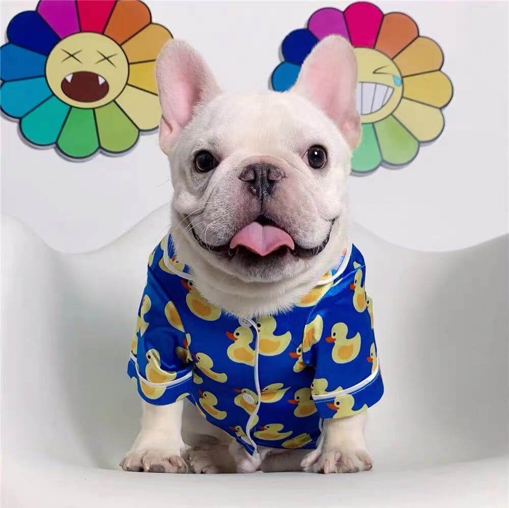 Dog Cartoon Duck Blue Silk Pajamas PJs by Frenchiely