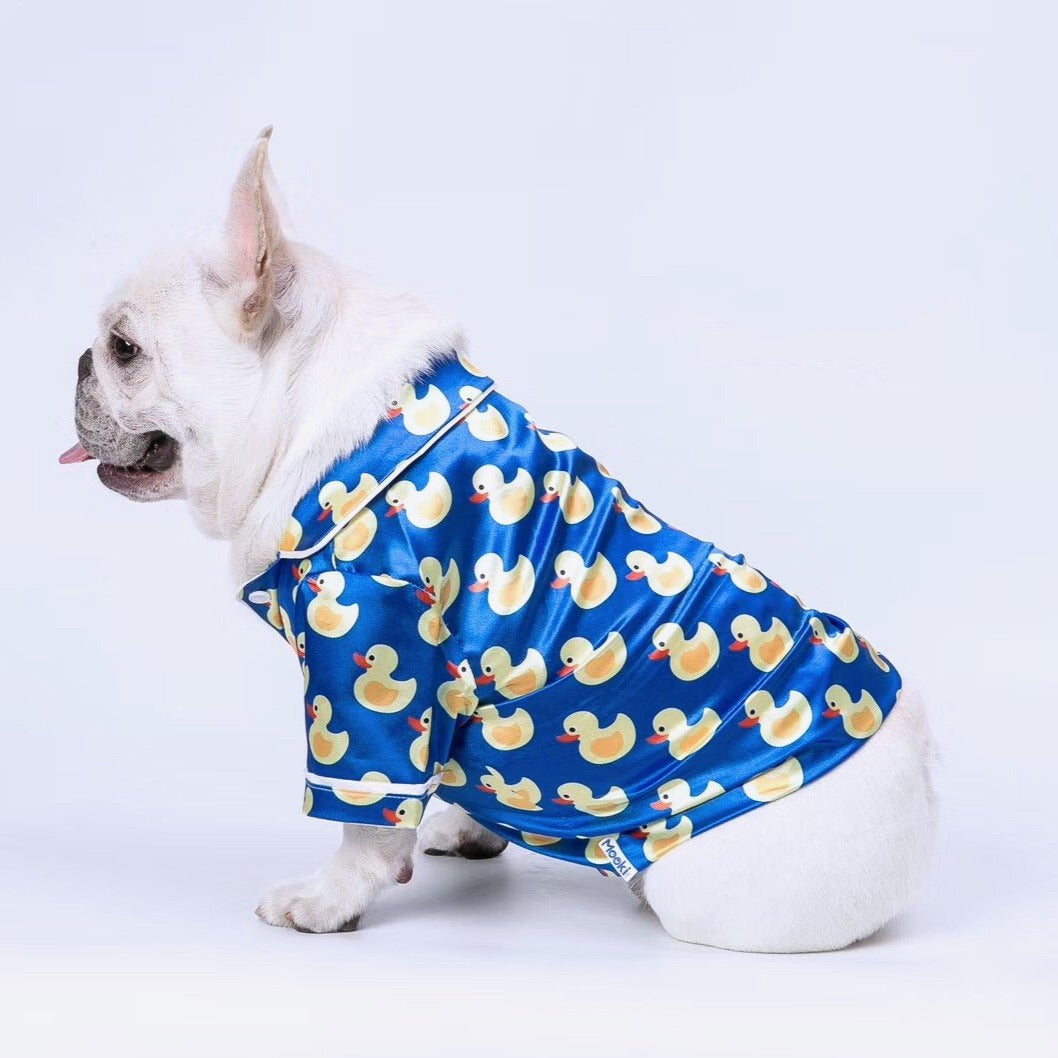 Dog Cartoon Duck Blue Silk Pajamas PJs - Frenchiely