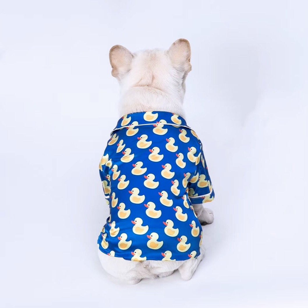 Dog Cartoon Duck Blue Silk Pajamas PJs - Frenchiely