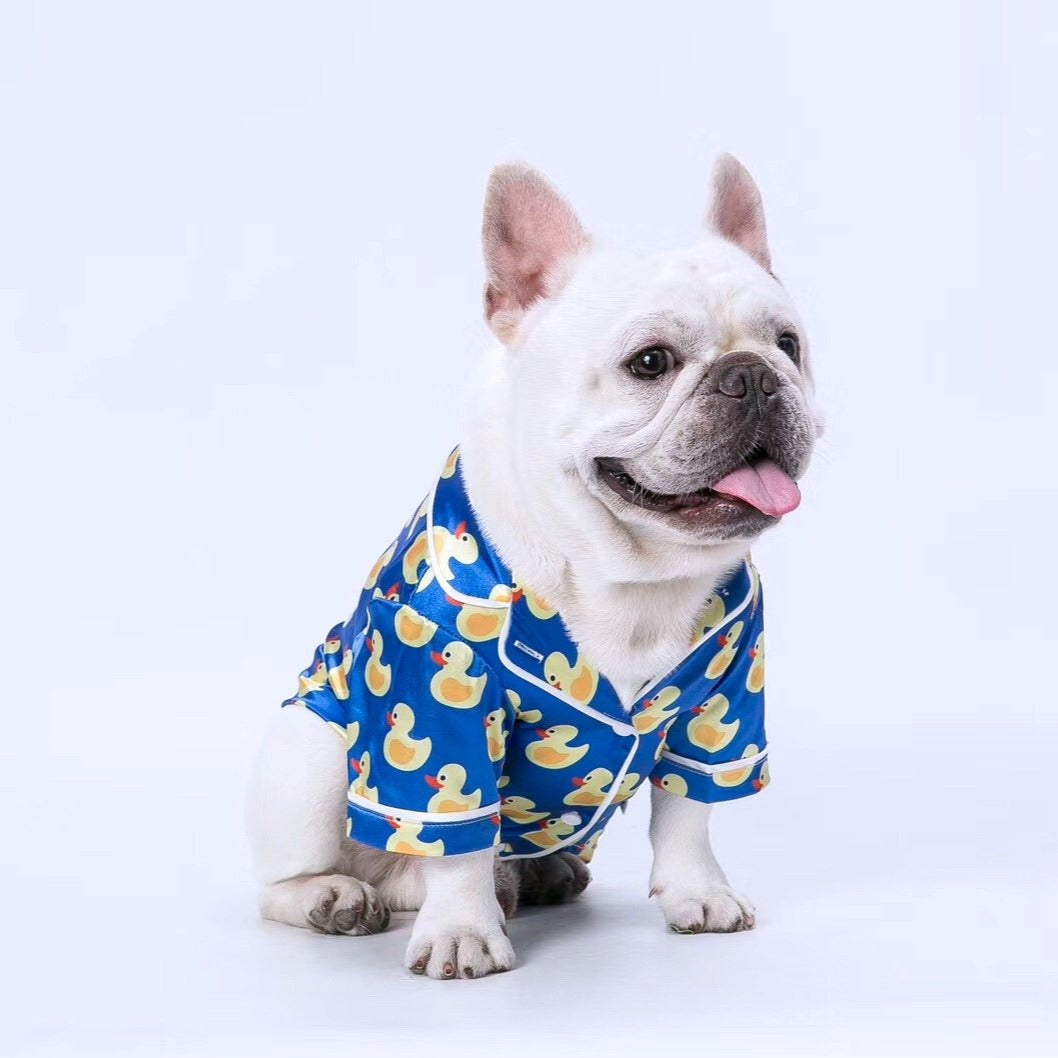 Dog Cartoon Duck Blue Silk Pajamas PJs - Frenchiely