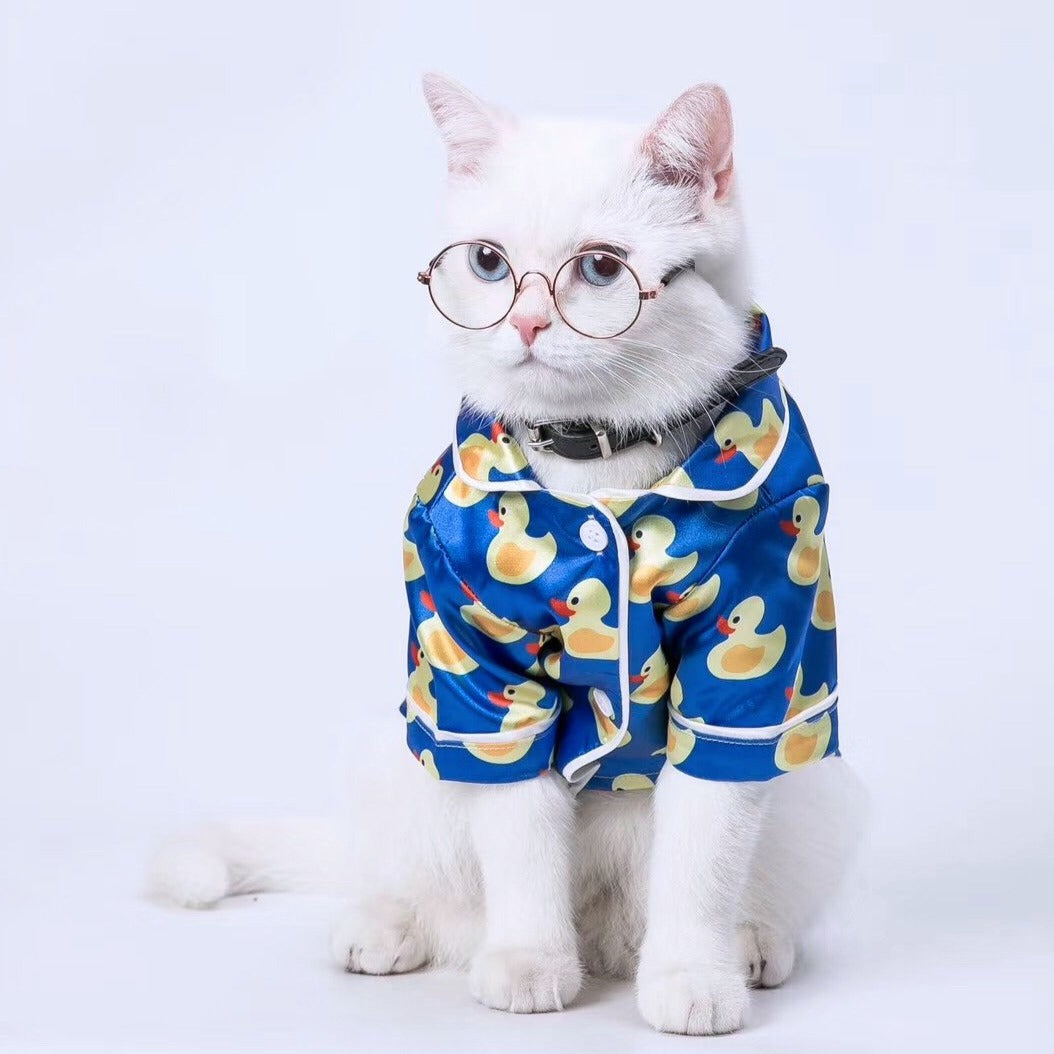 Dog Cartoon Duck Blue Silk Pajamas PJs - Frenchiely