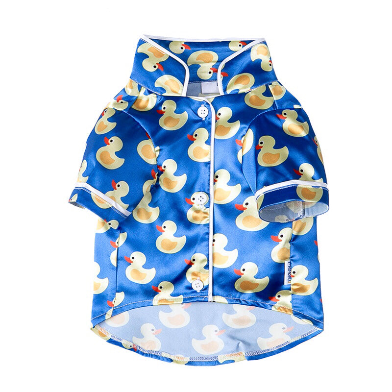 Dog Cartoon Duck Blue Silk Pajamas PJs - Frenchiely