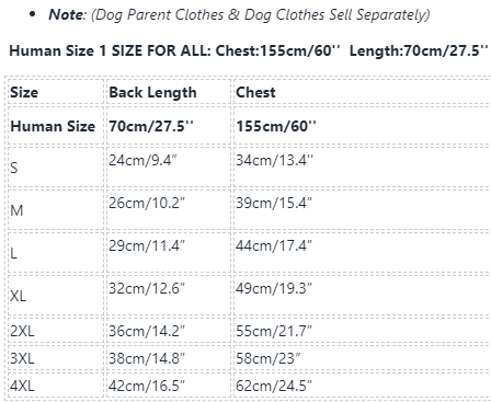 Frenchiely Matching Dog and Owner Clothes size chart