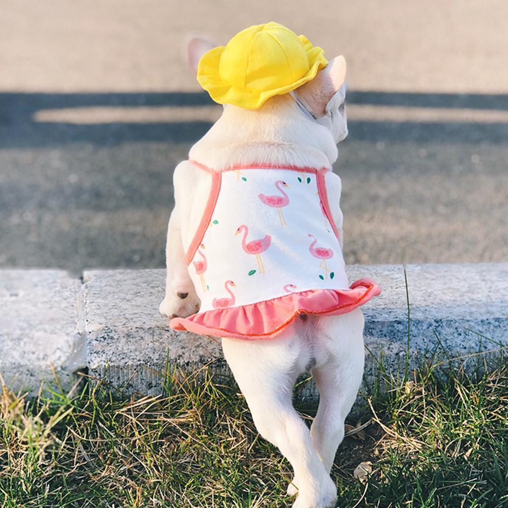 Dog Flamingo Suspender Skirt Dress for Frenchies with Yellow Hat - Frenchiely