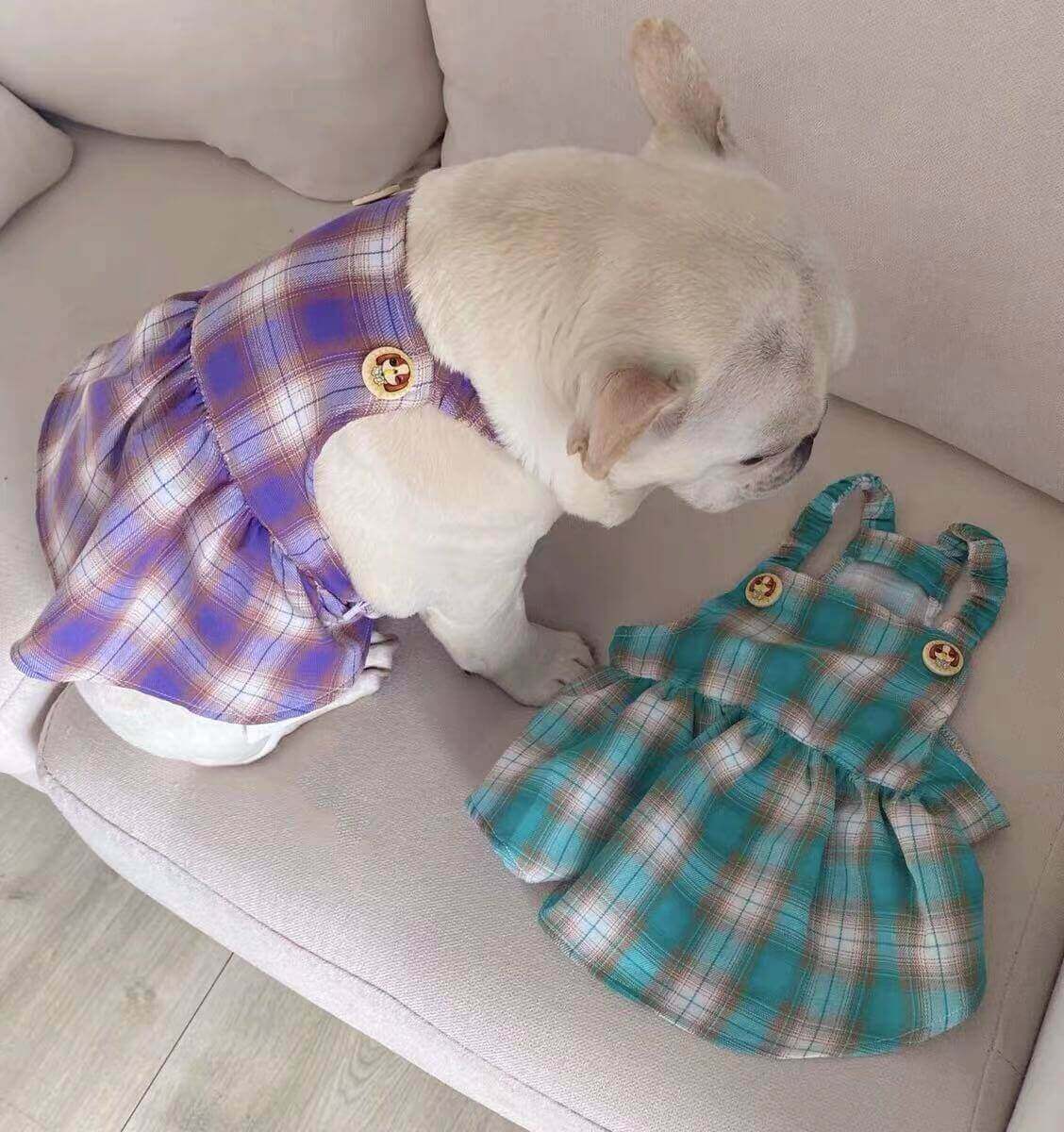 Dog Buffalo Plaid Suspenders Dress-FRENCHIELY