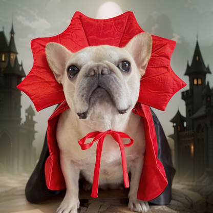 Dog wearing a red cape in front of a castle background