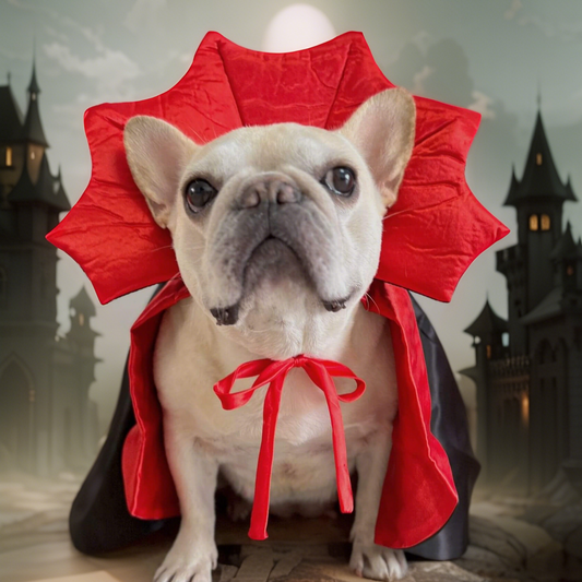 Dog wearing a red cape in front of a castle background