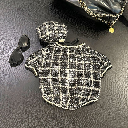 Dog  Plaid Tweed Fabric coat with beret for small medium dogs 