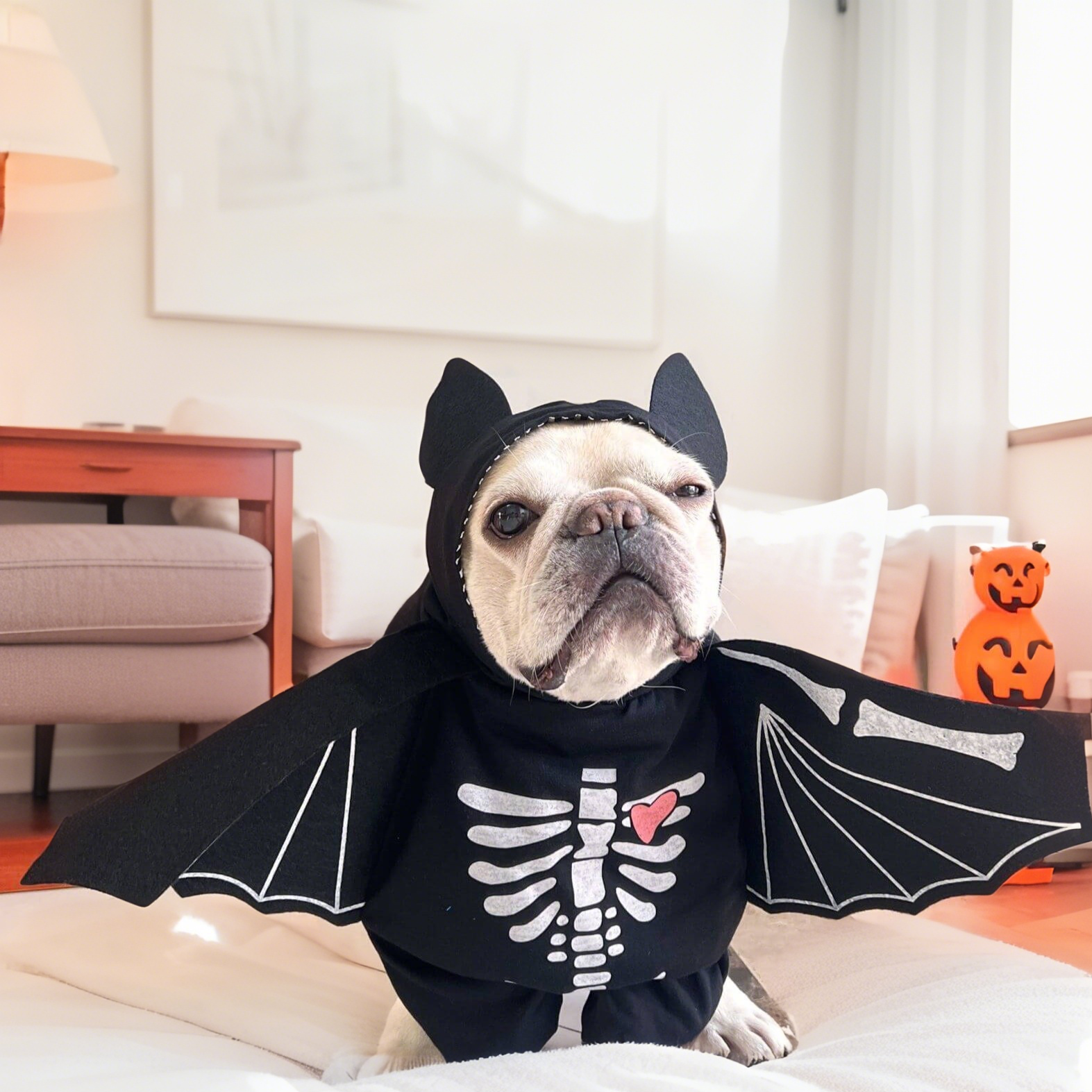 Dog wearing a bat costume with skeleton design on a bed
