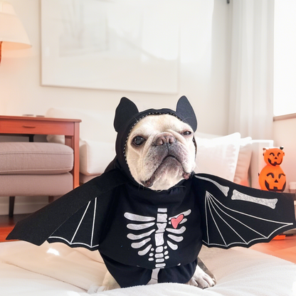 Dog wearing a bat costume with skeleton design on a bed