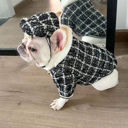 Dog  Plaid Tweed Fabric coat with beret for small medium dogs 