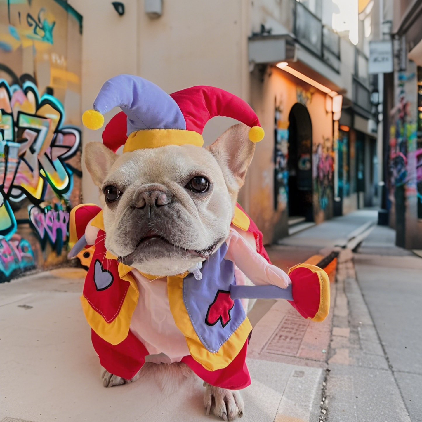 Dog in a clown costume standing on a street with colorful graffiti.
