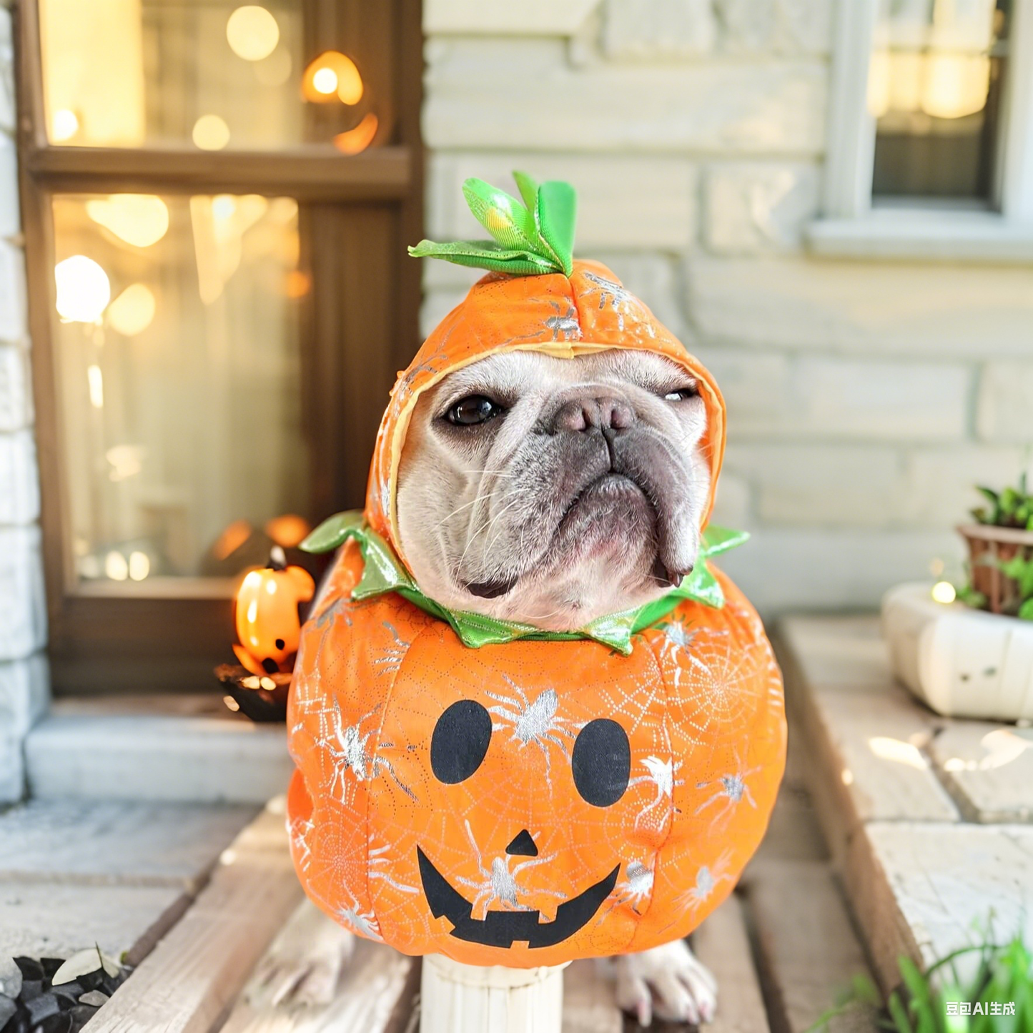 Dog wearing a Halloween pumpkin costume in front of a house.