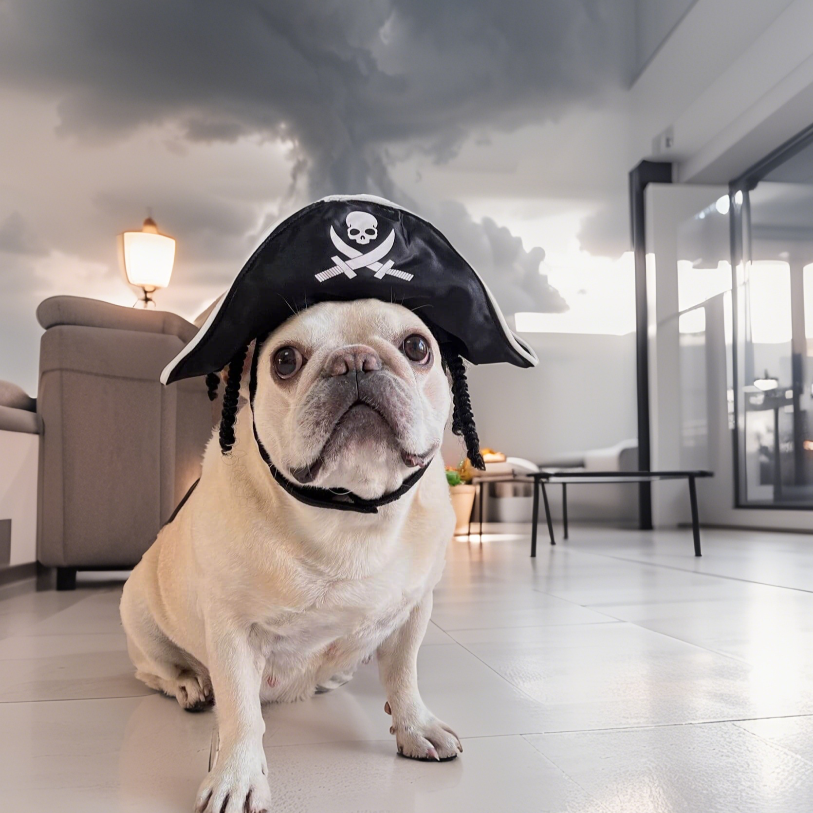 Dog wearing a pirate hat in a modern living room