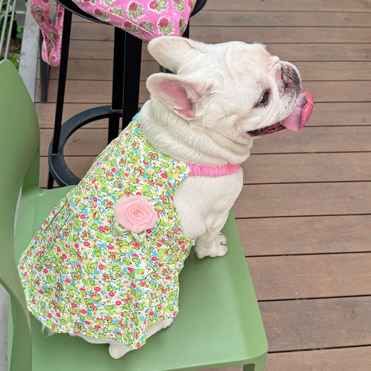 Summer Floral Dress with Pink Pin FrenchBulldogsummergreenfloraldresswithpinkflowerpinbyFrenchiely_2