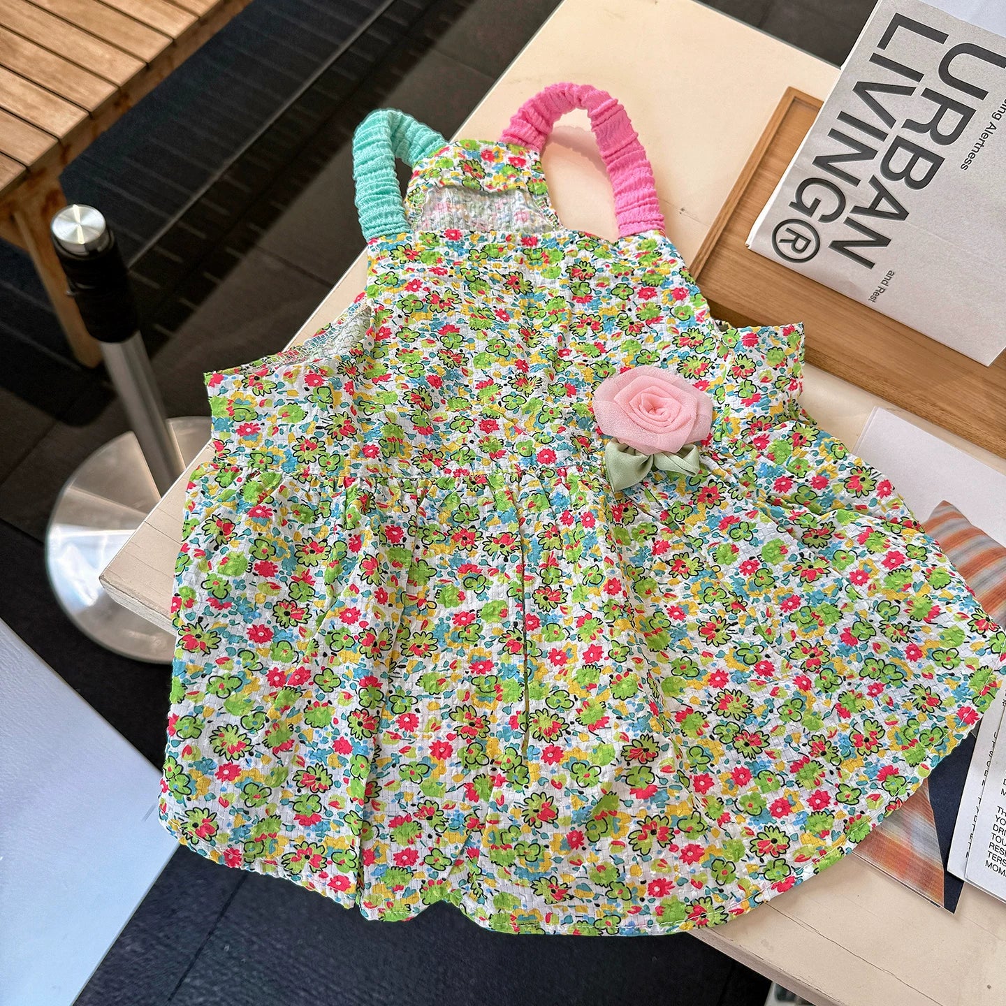 Summer Floral Dress with Pink Pin FrenchBulldogsummergreenfloraldresswithpinkflowerpinbyFrenchiely_3