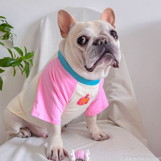 dog pink birthday shirt with candy pin and brirthday cake print
