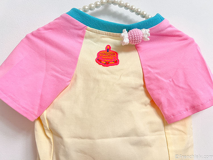 dog pink birthday shirt with candy pin and brirthday cake print