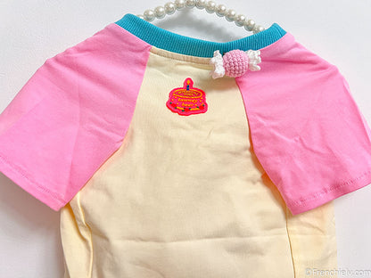 dog pink birthday shirt with candy pin and brirthday cake print