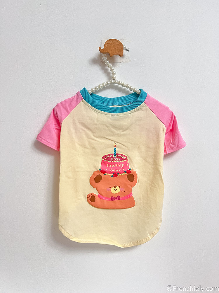 dog pink birthday shirt with candy pin and brirthday cake print