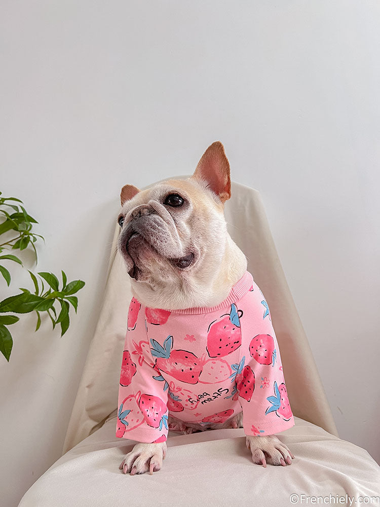 dog pink strawberry onesie pajamas for medium dog breeds by Frenchiely
