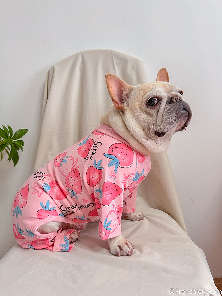 dog pink strawberry onesie pajamas for medium dog breeds by Frenchiely