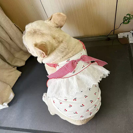 Cotton Red Houndstooth Cherry Shirt dogwhitefloralpinkbowtiedressforfrenchbulldog_1