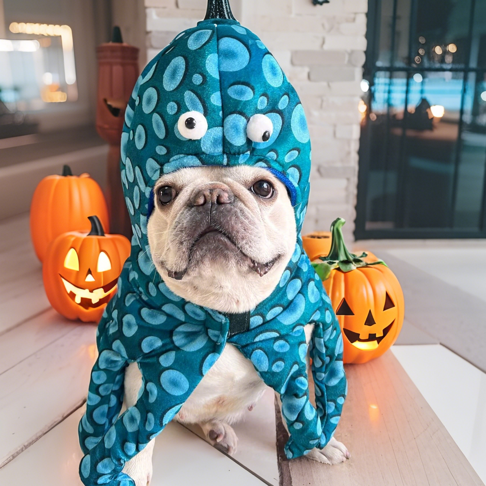 Dog wearing a blue Halloween costume with pumpkins in the background