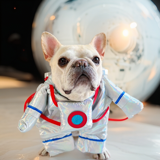 Dog wearing an astronaut costume with a space-themed background