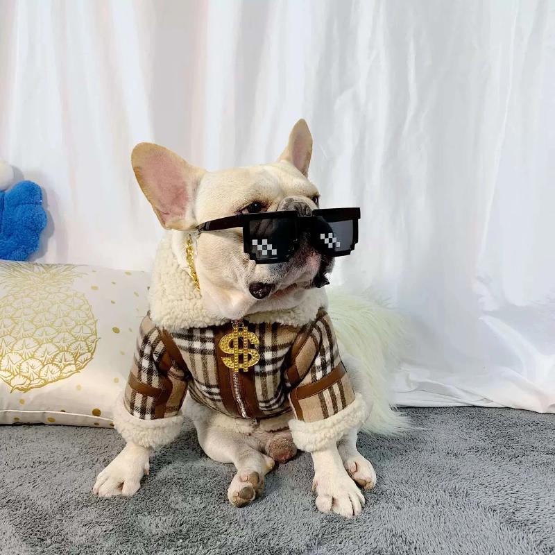Plaid Dog Winter Jacket Coat with Fur for Frenchies - Frenchiely