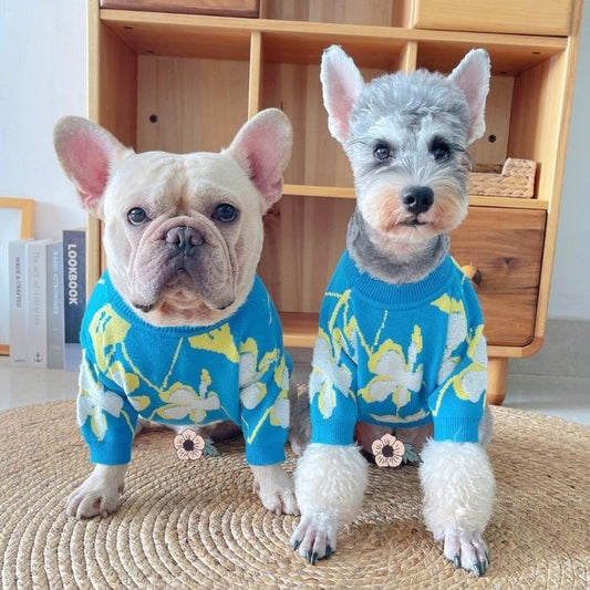 Dog Blue Flower Pullover Sweater for medium dogs by Frenchiely