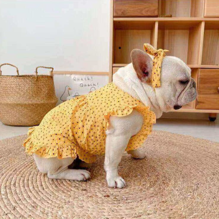 Dog Floral Puff Sleeve Dress for Female Bulldogs- Frenchiely