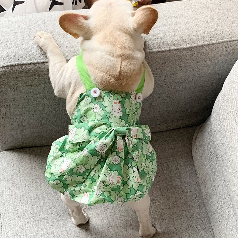 Dog green floral dress with bowtie for small medium dogs by Frenchiely