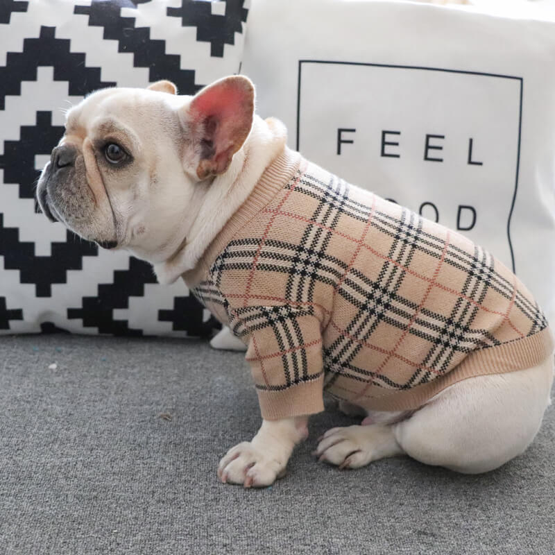 Frenchiely French Bulldog Beige Plaid Sweater Cardigan