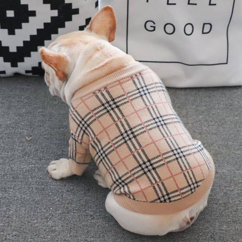 French Bulldog Beige Plaid Sweater Cardigan