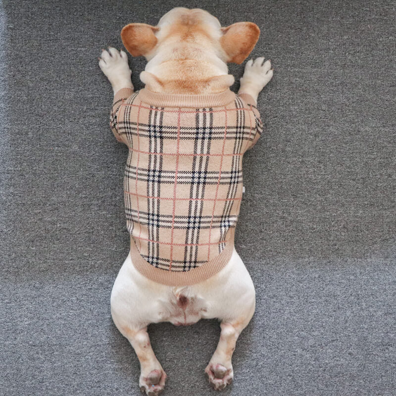 Frenchiely French Bulldog Beige Plaid Sweater Cardigan