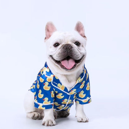 Dog Cartoon Duck Blue Silk Pajamas PJs - Frenchiely