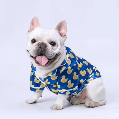 Dog Cartoon Duck Blue Silk Pajamas PJs - Frenchiely