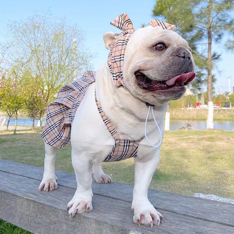 Frenchiely Dog Plaid Suspenders Dress with Headband 0