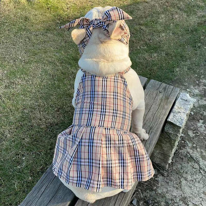 Frenchiely Dog Plaid Suspenders Dress with Headband 0